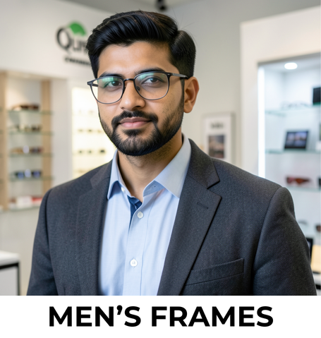 Stylish Pakistani man wearing modern prescription glasses frames at Qureshi Optical Centre.